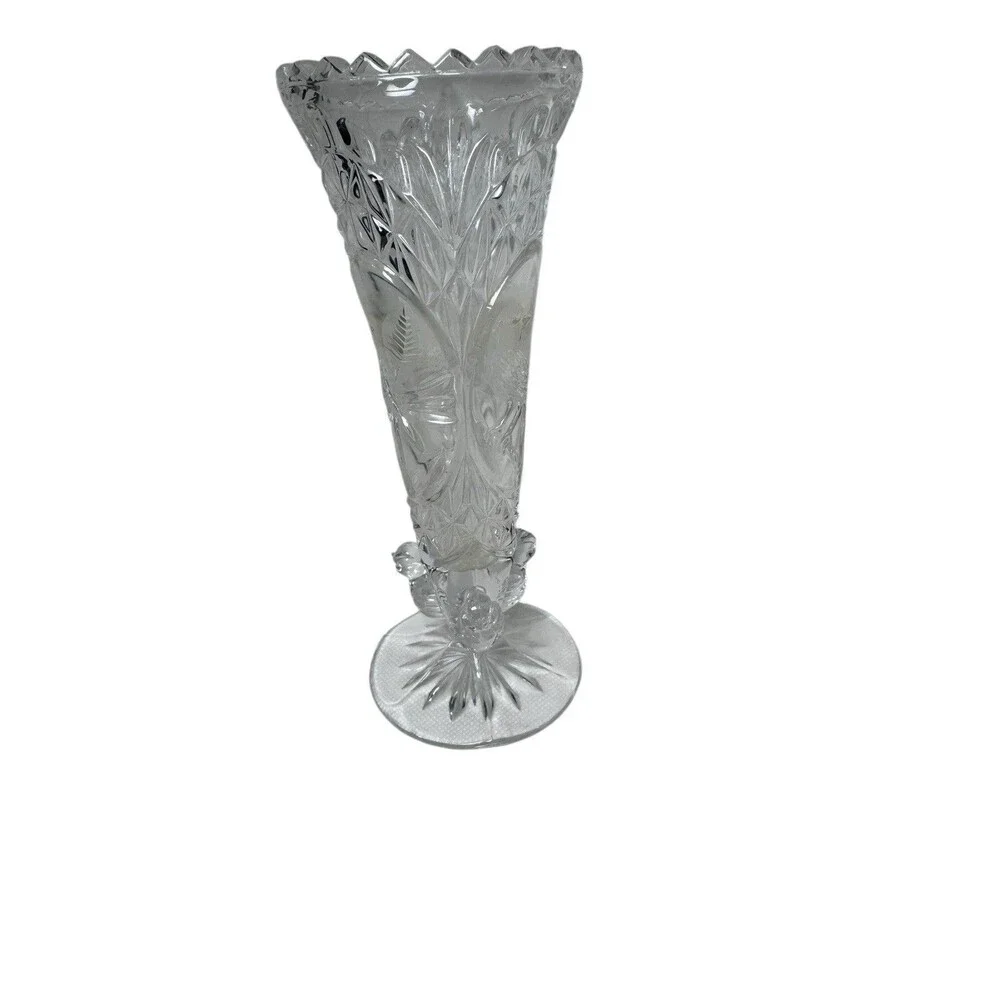 Hofbauer Byrdes Cut Crystal 7” Tall Vase with Sawtooth Edge Birds Fast Shipping